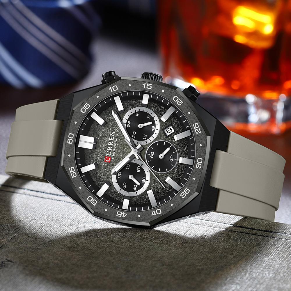 CURREN Мужские спортивные часы-хронограф с черным силиконовым ремешком, автоматической датой, люминесцентными стрелками, кварцевые часы для мужчин
