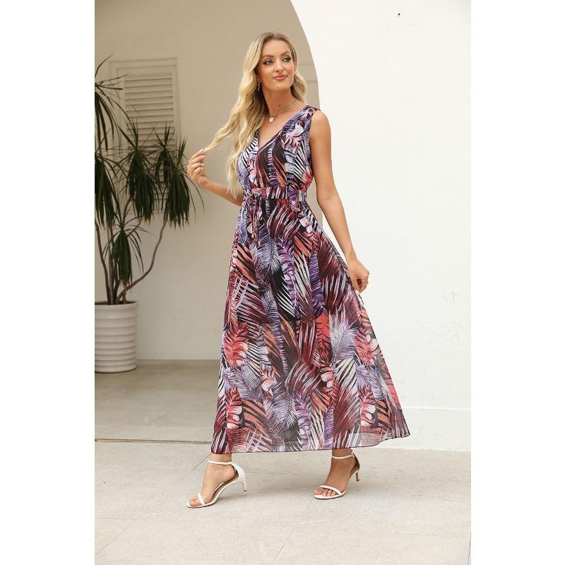 YYFS Women's Fashion Summer Spring Flower Pattern Print Sleeveless V-Neck High Waist Casual Dresses