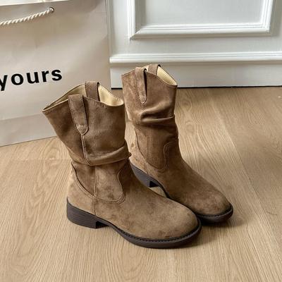 Винтажные толстые ботинки на низком каблуке женские 2025 осень новые Merad западные ковбойские ботинки средней длины ботинки Мартин