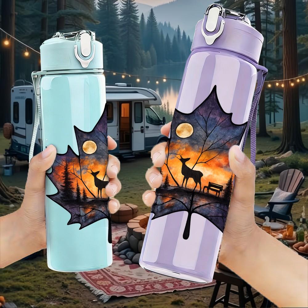 1PC Burning Autumn Maple Leaf 750ml Color Plastic Sports Water Bottle Leakproof Flip Straw Lid Suitable for Sports Office Home Use