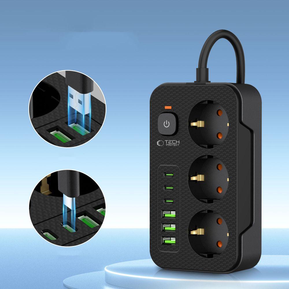 Tech-Protect Сетевой фильтр Pc3X6 3 USB и 3 Type-C и 3 розетки 200 см черный