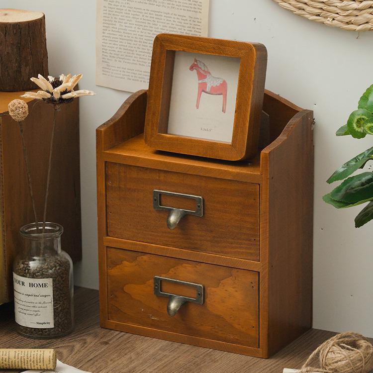 Retro Wooden Multi-Layer Desktop Organizer Box for Jewelry, Tape, and Accessories