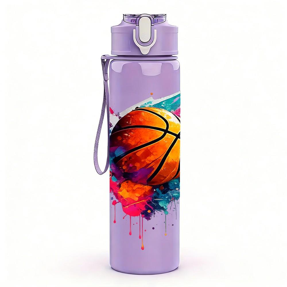 1PC Basketball Fire Splash Sport Print 750ml Color Plastic Sports Water Bottle Leakproof Flip Straw Lid Suitable for Sports Office Home Use