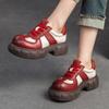 Retro Mixed Colors Lace Up Pumps Genuine Leather Thick Soled Round Toe Casual Versatile Women's Shoes