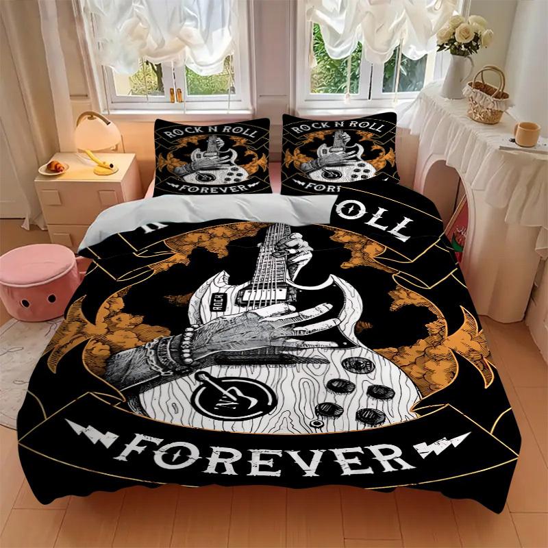 3pcs Rock N Roll Guitar Duvet Cover Set - Machine Washable, Includes 1 Duvet Cover and 2 Pillowcases, No Core Included yy251022177