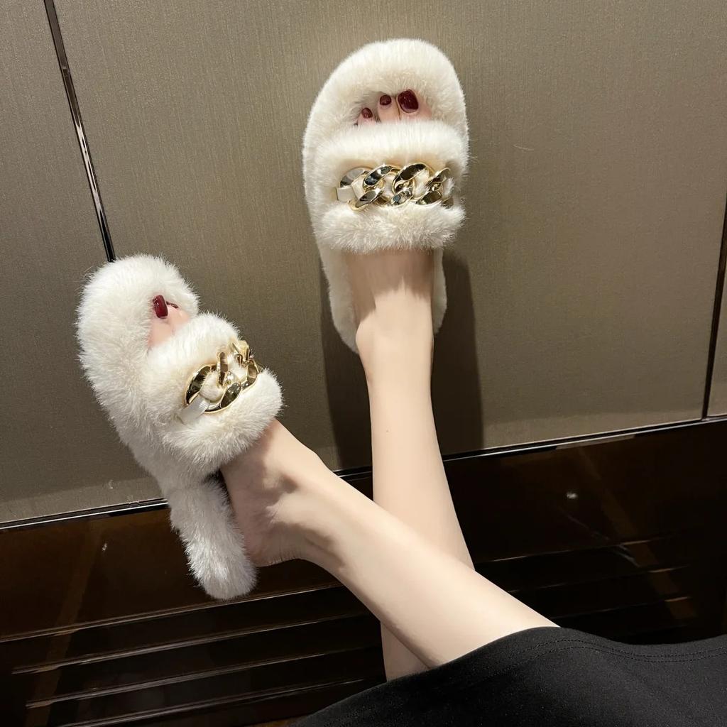 Зимние тапочки женские цепочные толстые подошвы плюшевые тапочки модные женские уличные теплые тапочки на плоском каблуке