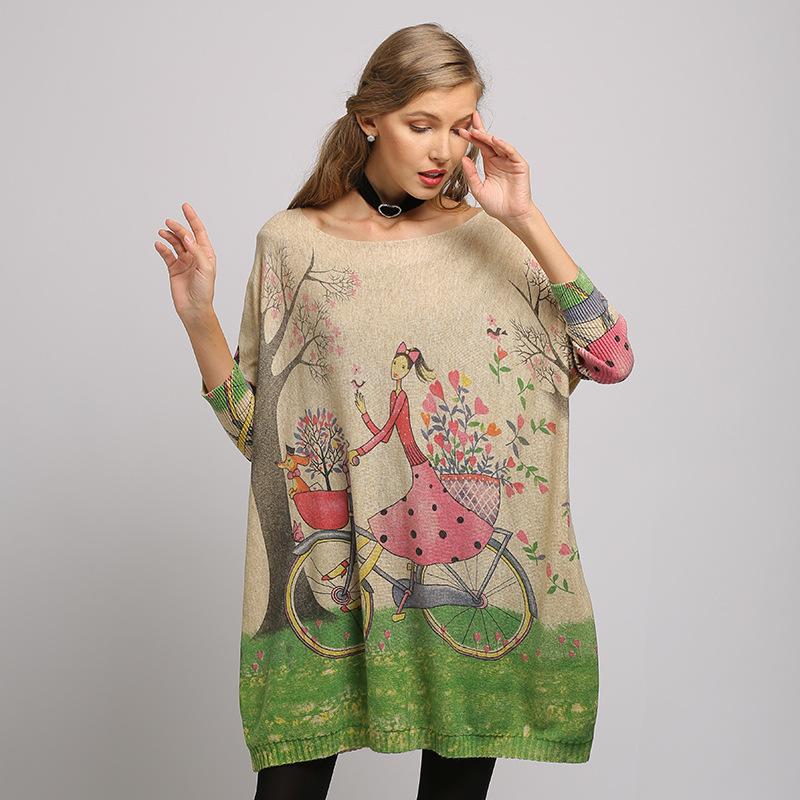 Spring and Autumn Women's Knitted Dress Knitwear Plus Size Loose Knitted Sweater Printed Bottom Outer Wear One Neck Pullover Sweater