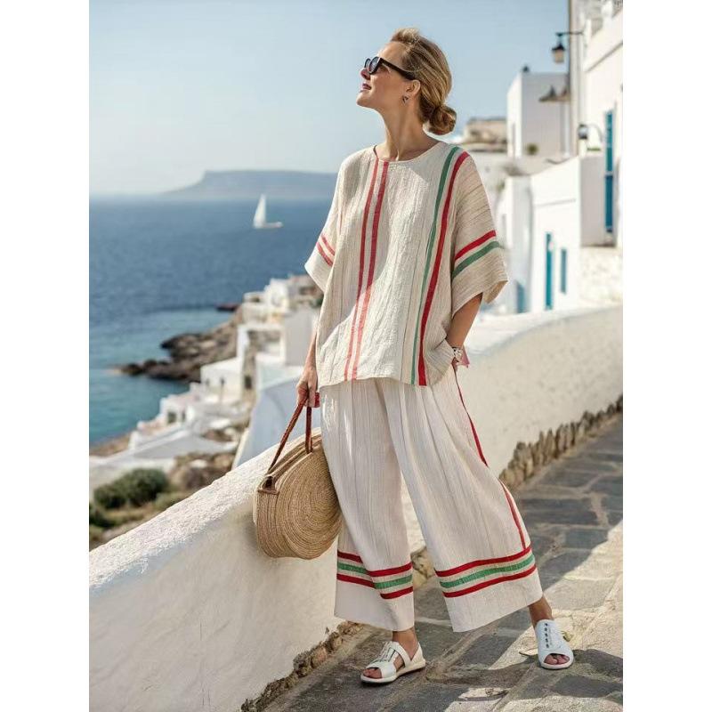16 Printed Short Sleeve Women's Shirt Pants Set Fashion Loose Crew Neck Top High Waist Pants Two-piece Set
