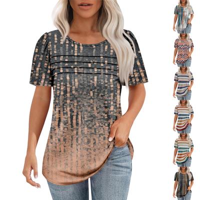 Женская модная рубашка с круглым вырезом и короткими рукавами в складку