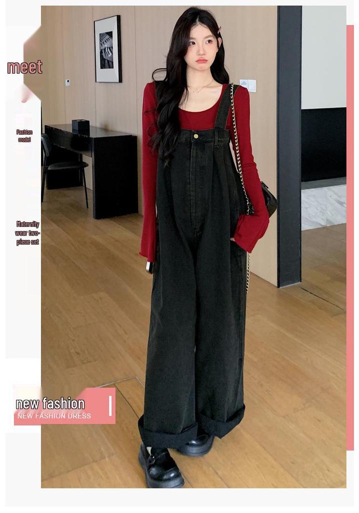 2026 Spring Maternity Set: Washed Denim Overalls & Bell Sleeve Layered Top