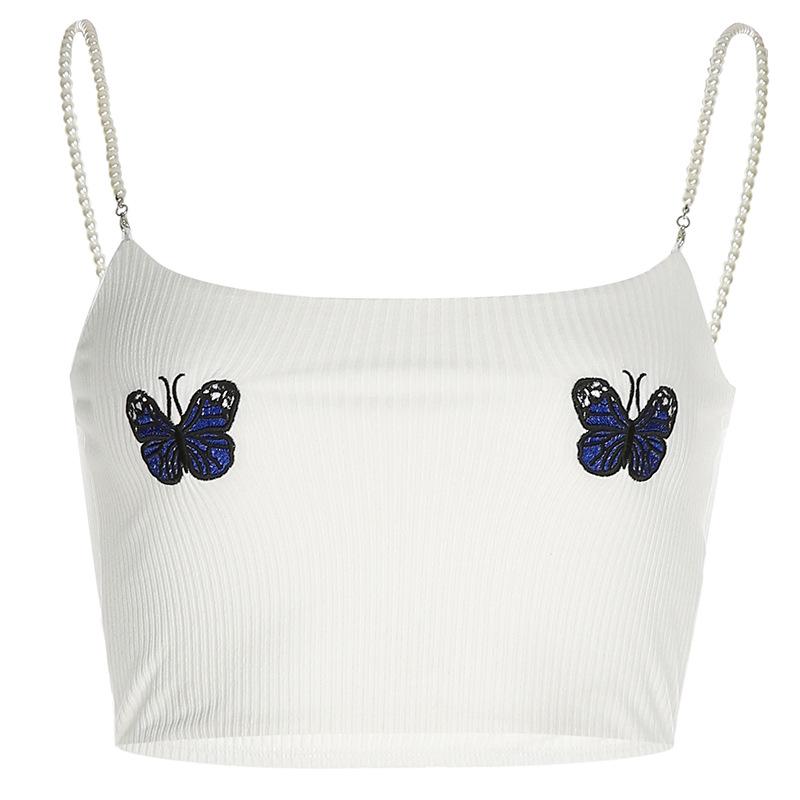 Женский укороченный топ с вышивкой в виде бабочки и жемчужными бретелями, облегающий топ