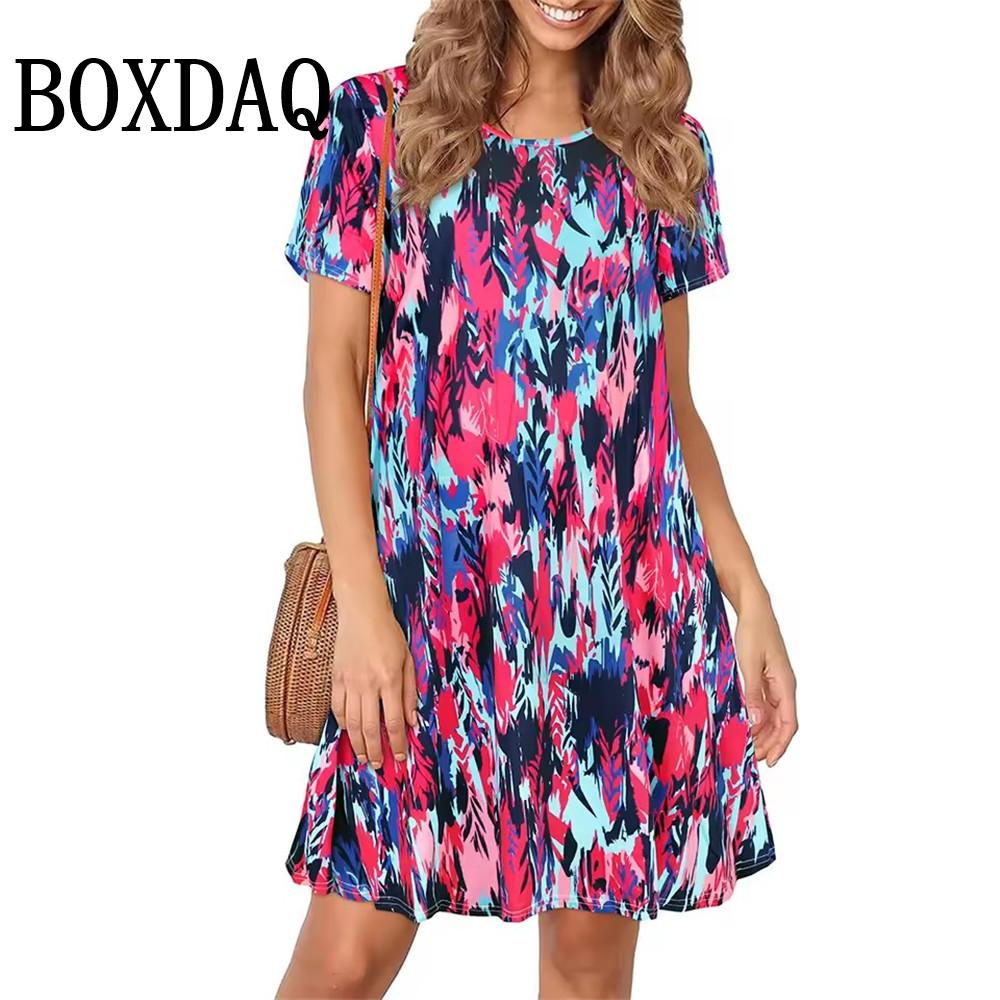 Винтажное платье с цветочным принтом и круглым вырезом, женское винтажное платье с коротким рукавом, летнее платье А-силуэта, элегантное вечернее платье, повседневное свободное платье в стиле бохо