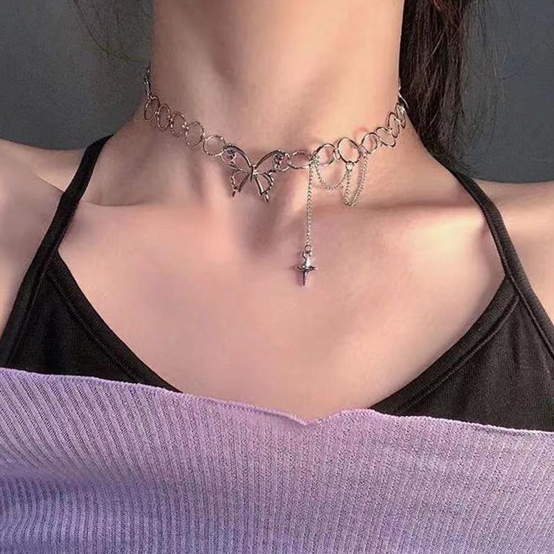 Silver Color Butterfly Choker Pendant Necklace Women Gift Necklace Light Luxury Punk Geometric Sweet Cool Clavicle Neck Jewelry