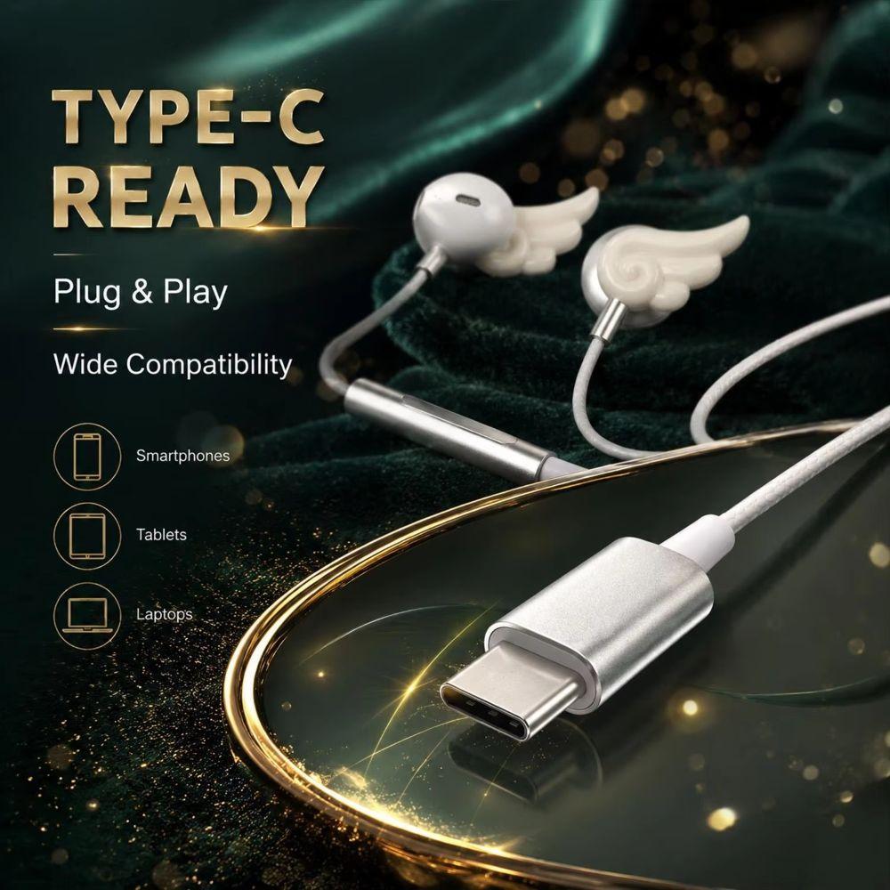 Stereo Sound Wired Headphones Semi-in-ear Stars Wings Headphones Type C Earphone Tablet Laptop