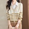 Navava Women Striped Color Block Long Sleeve Knit Two In One Collar Nk3220