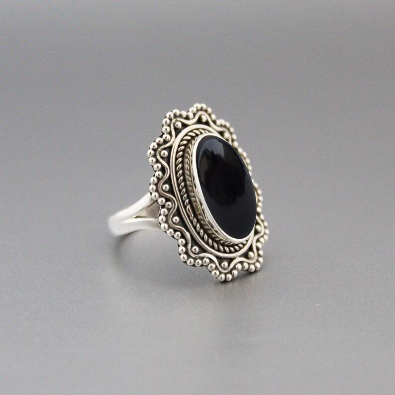 Длинное овальное кольцо с черным ониксом, серебряное кольцо 925 пробы, кольцо ручной работы, кольцо с драгоценным камнем, дизайнерское кольцо, серебряные украшения-подвески, подарок на день рождения