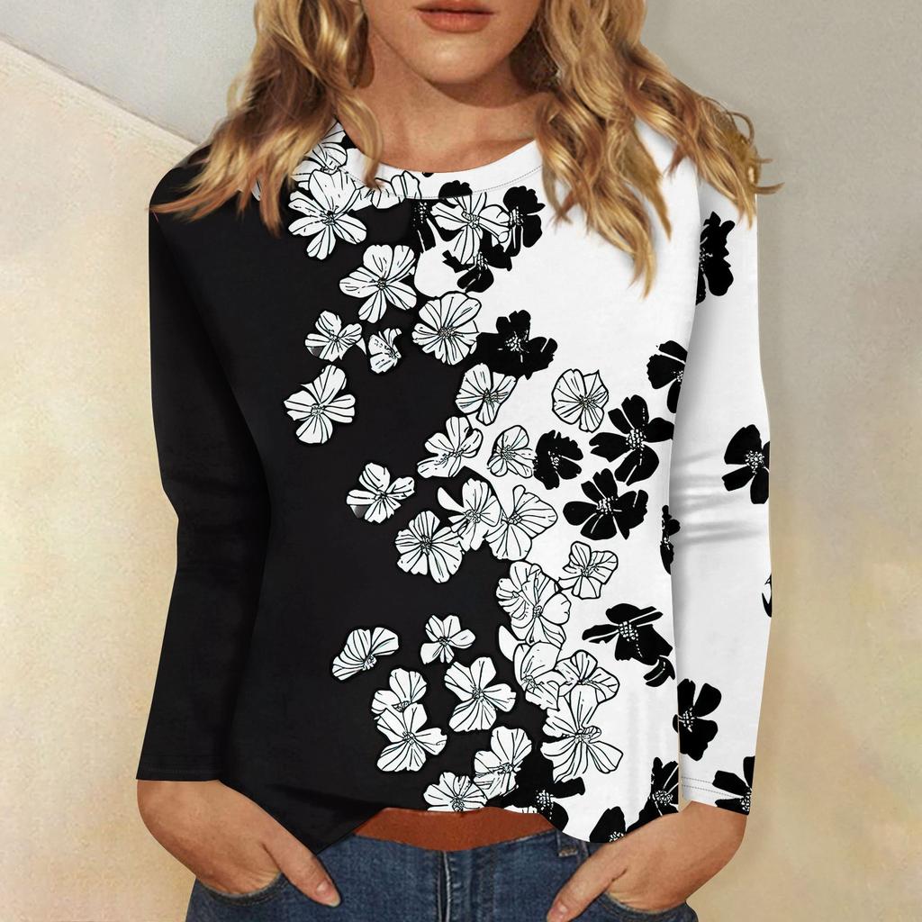Женский модный повседневный пуловер с круглым вырезом и длинным рукавом с цветочным принтом
