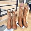 New Style Fashion Retro Brown Cowboy Boots for Women Comfortable Square Toe Embroidery Mic-calf Western Boots Shoes Big Size