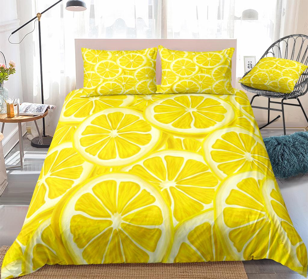 Постельный комплект с принтом лимонов Желто-зеленый Фруктовая тематика Розовый Пододеяльник Размер Кинг/Евро Милый Мультяшный 2/3 шт. Полиэстеровый Чехол для одеяла