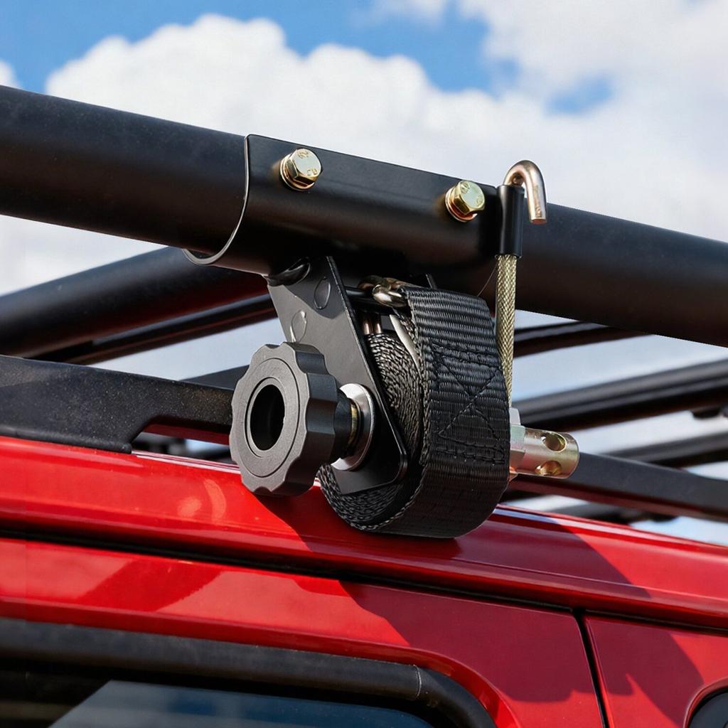 Ladder Rack Ratchet Straps, 47.6-50.8 mm Black Round Tube Mount, 38 mm Wide x 2.25 m Long Black Ladder Rack Straps with Double J-Hooks, 226.8 kg Load