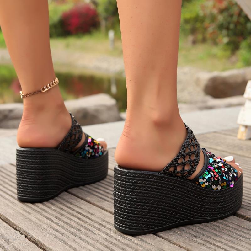 Casual Basic High Heel Women Sandals for Women 2024 New Hot Sale Summer Wedges Heel Ladies Shoes Solid Glitter Women's Sandals