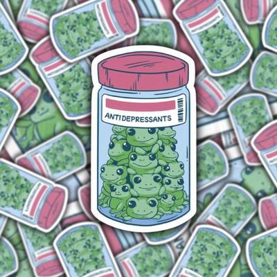 Наклейка «Лягушки-антидепрессанты», Банка лягушек, Флакон таблеток-антидепрессантов, Подарок для любителя лягушек, Водонепроницаемая виниловая наклейка для гидрофляги ||