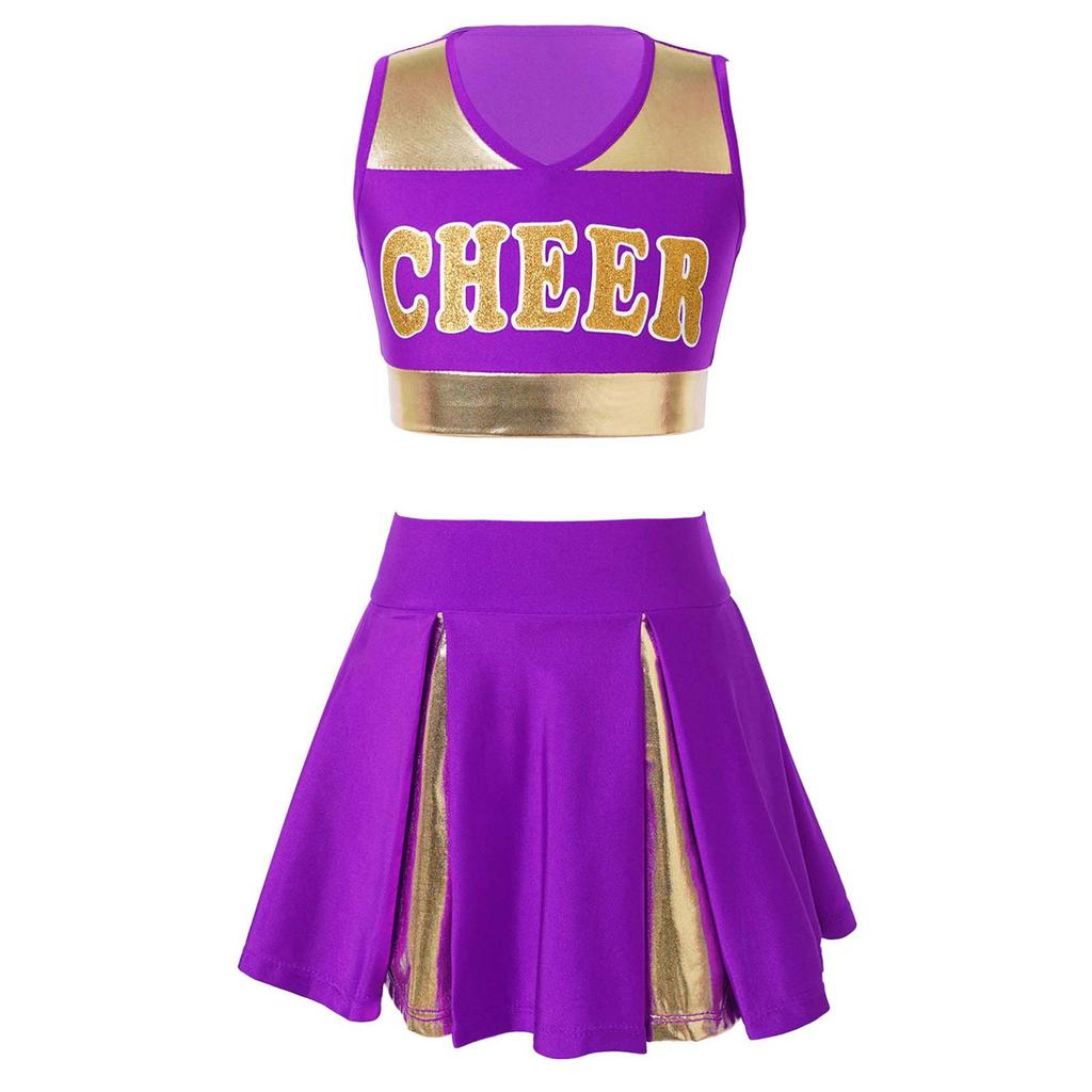 Kids Girls Cheerleading Costume Cheerleader Uniform Sleeveless V Neckline Letter Print Crop Top with Elastic Waistband Skirt