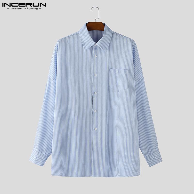 INCERUN Мужские комплекты из двух предметов: рубашка с лацканами, длинными рукавами и полосатым принтом, длинные широкие брюки