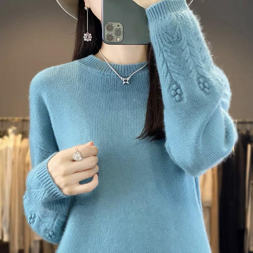 Autumn and Winter Round Neck Sweater for Women Solid Color Loose Jacquard Soft Glutinous Knitted Base Sweater and Pullover