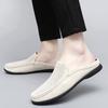 Мужские черные/бежевые кожаные дышащие полутапочки Bean Shoes Мужские тапочки без каблуков Lazy Peas Shoes Удобные мокасины без застежек