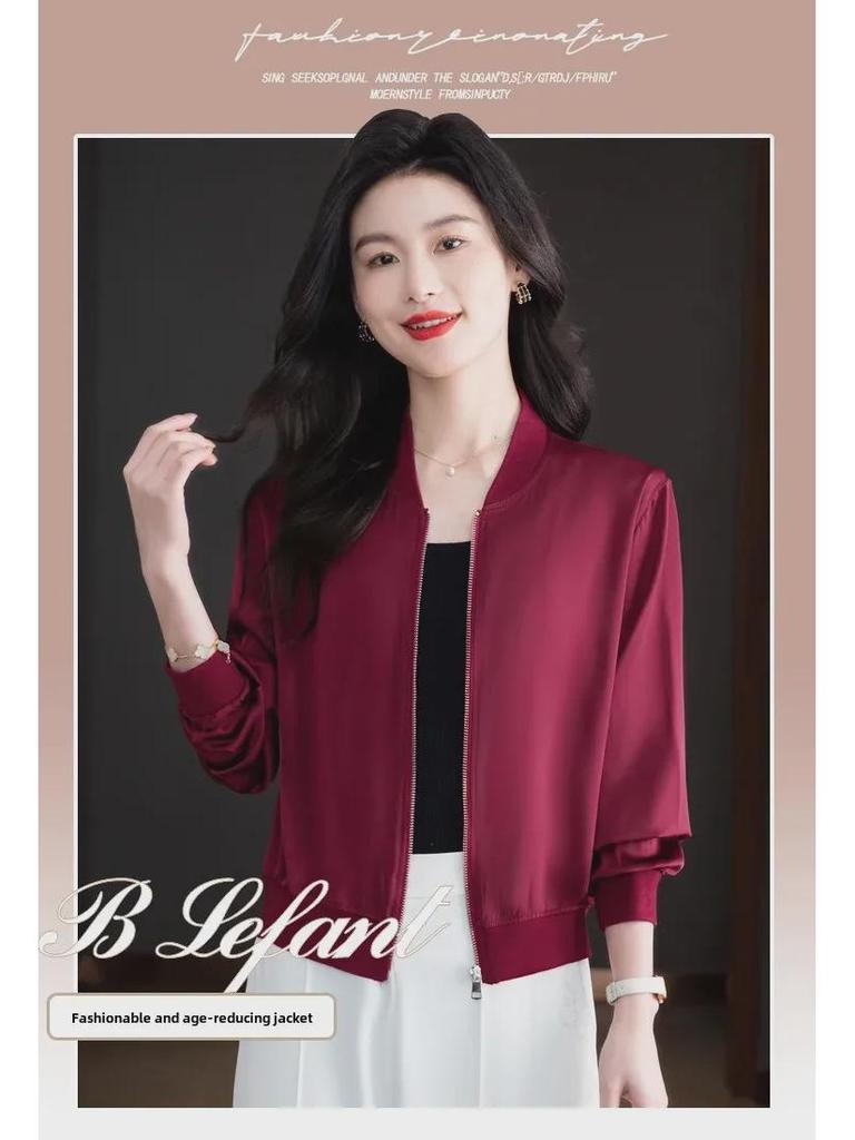 Весна 2024 Женская свободная бейсбольная куртка из ацетатного атласа - Повседневный короткий кардиган с длинными рукавами