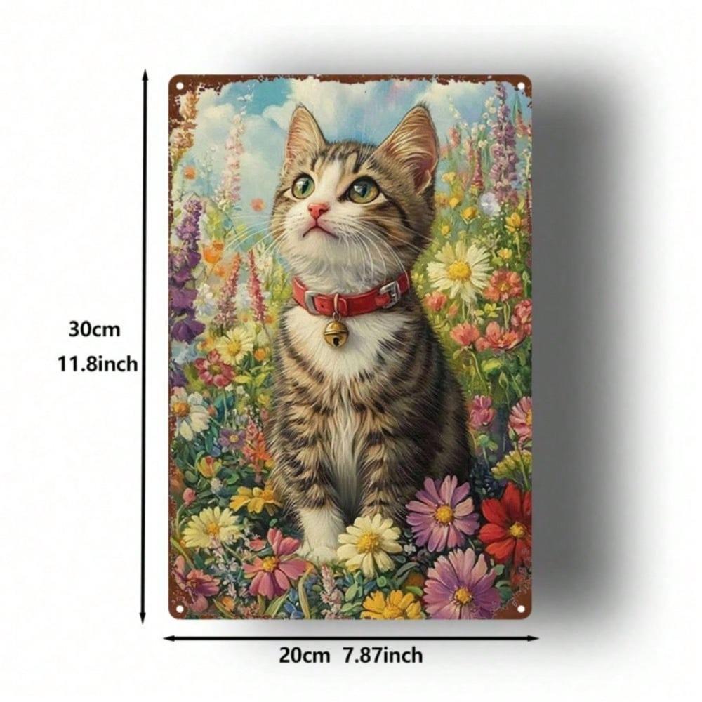 1 шт. Винтажная металлическая табличка с кошкой и цветами, 8x12 дюймов, Ретро farmhouse, Металлическое настенное искусство, Декор в деревенском стиле для гостиной, дома