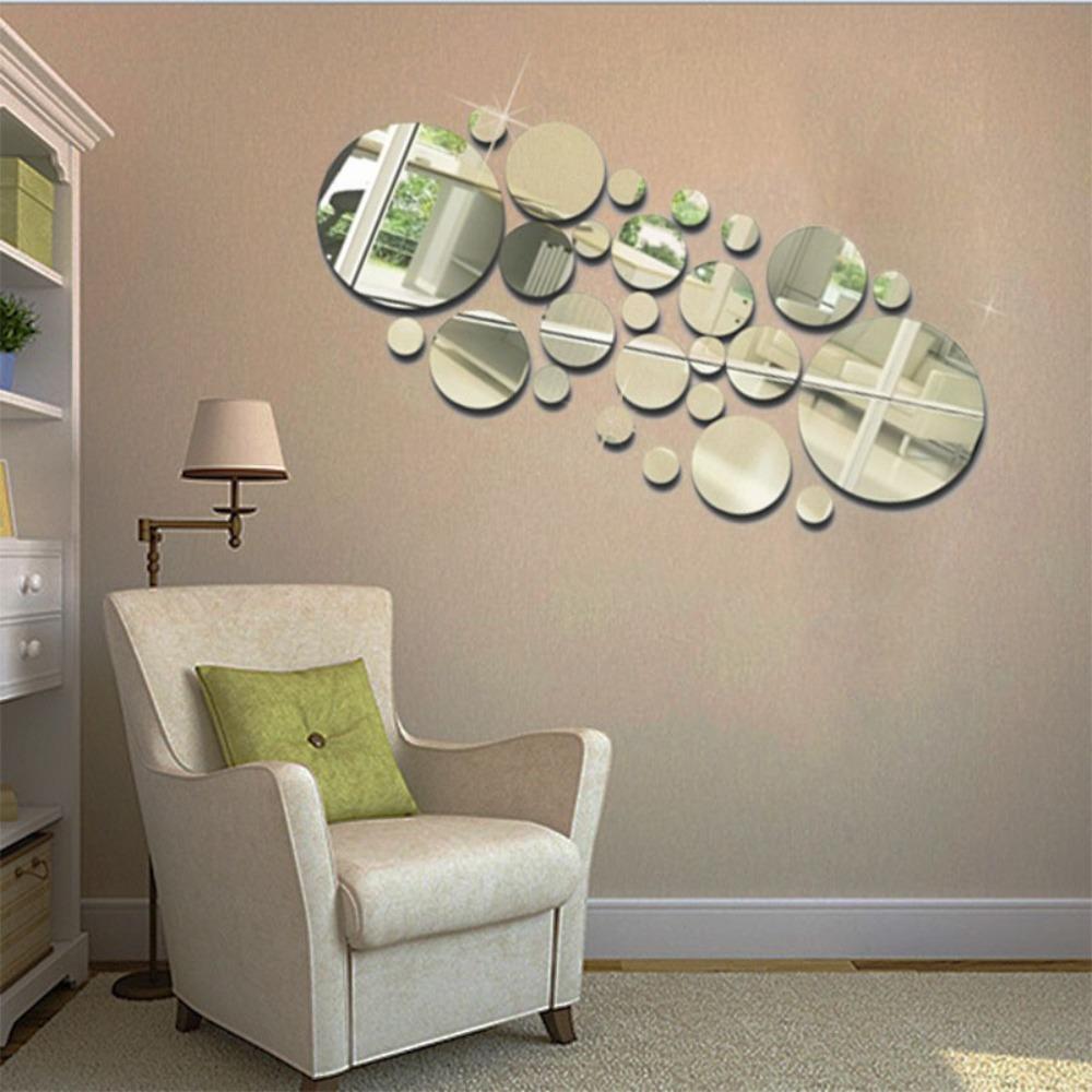 32Pcs Silver Mirror Decals Circle Home Background Decoration 3D Mirror Wall Sticker Living Room