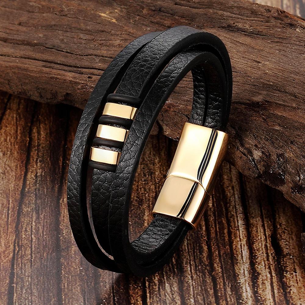 Men's Black Leather Bracelet Double Layer Rope Simple Stainless Steel Braided Handmade Wristband Outdoor Jewelry Accessories