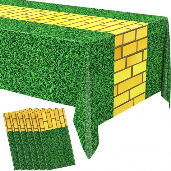 2 Pcs Yellow Brick Runner Tablecloth Cover Green Grass 54 x 87 Wizard Party Decoration Brick Backdrop Wall Waterproof Grass Field Plastic Table Cover