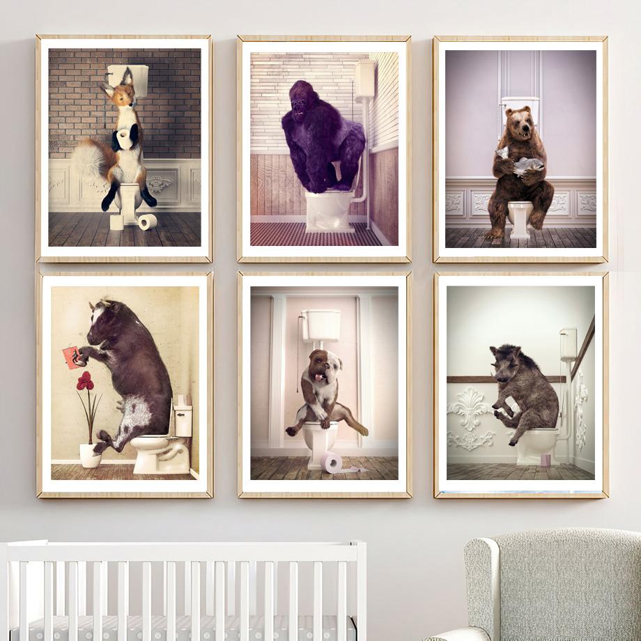 Ванная комната Юмор Дракон Жираф Слон Медведь Корова Енот Настенная живопись Печать на холсте Картина Ванна Плакат на скандинавскую тему Декор для туалетной комнаты