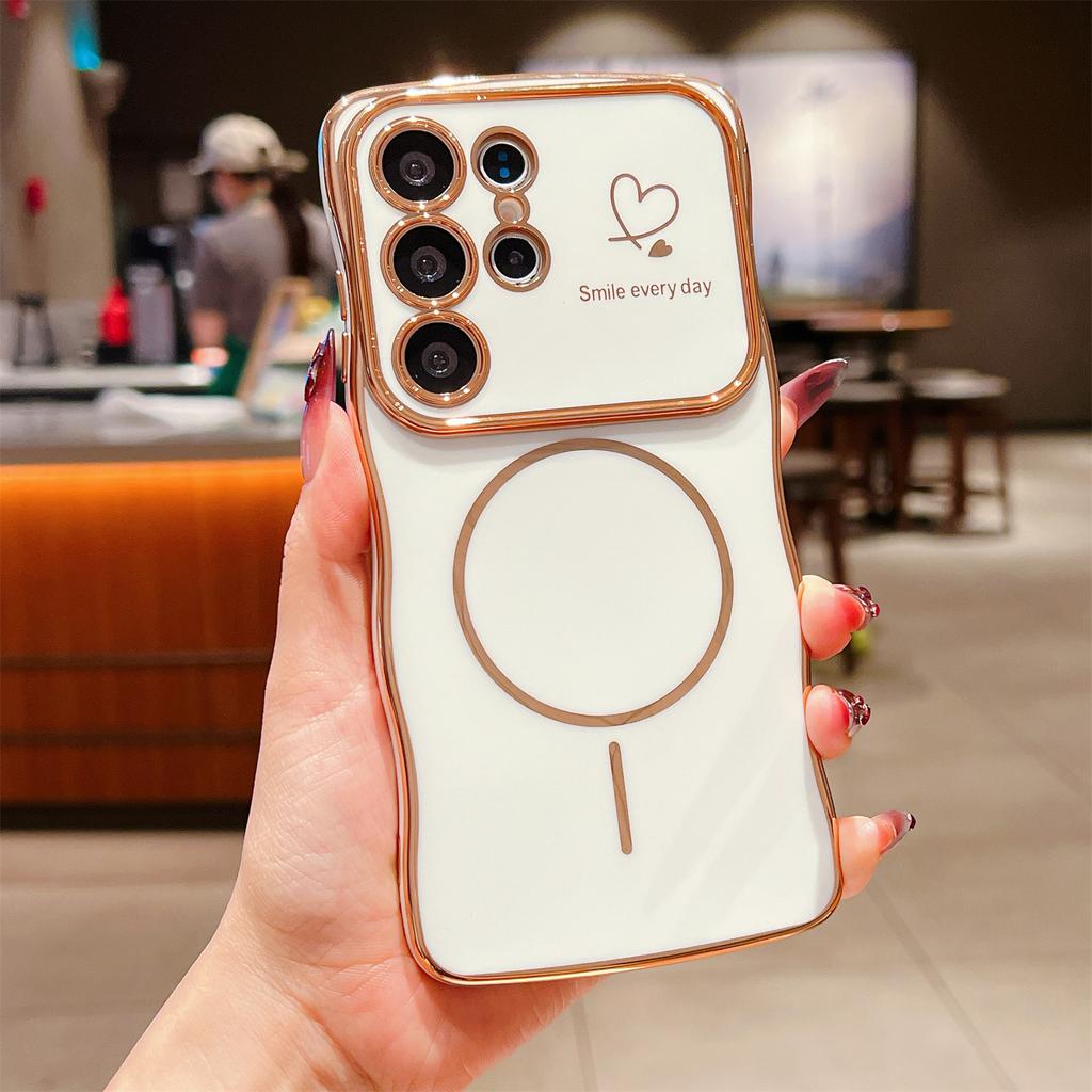 For Samsung Galaxy S25 Ultra Magnetic Case Electroplating Wave Edge TPU Phone Cover Heart Pattern