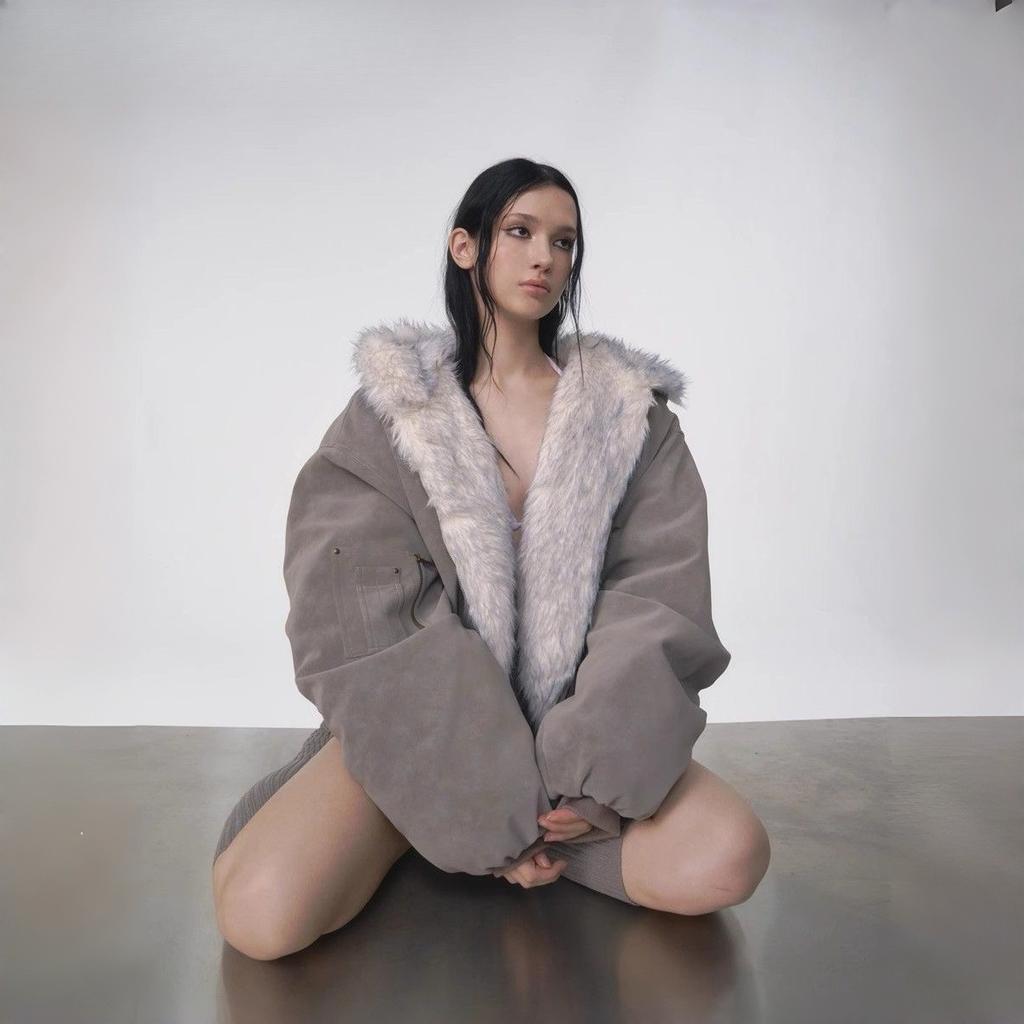 2KWEIRD Зимнее американское ретро меховое пальто женское стеганое с капюшоном хлопковое пальто плюшевое повседневное уличное готическое харадзюку оверсайз пальто