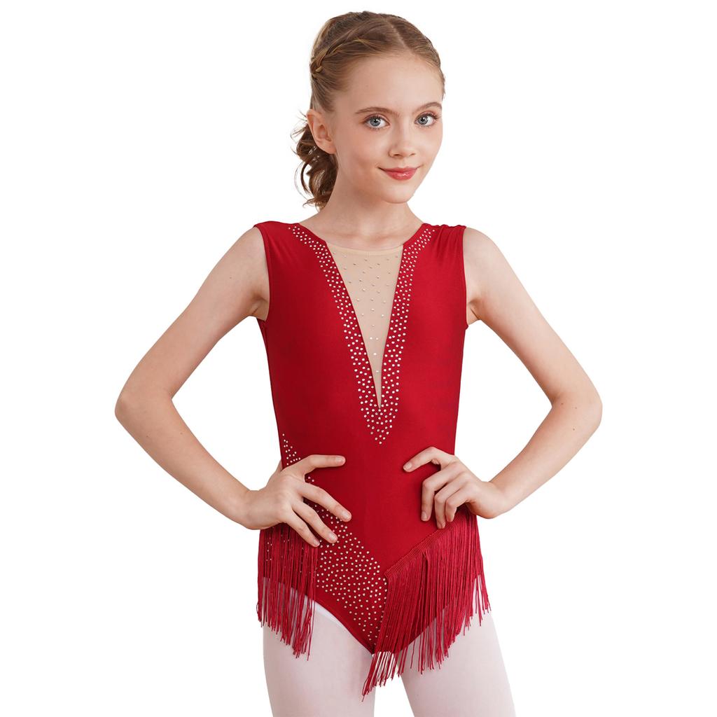 Kids Girls Shiny Figure Skating Sleeveless Leotard Rhythmic Gymnastics Fringed Bodysuit