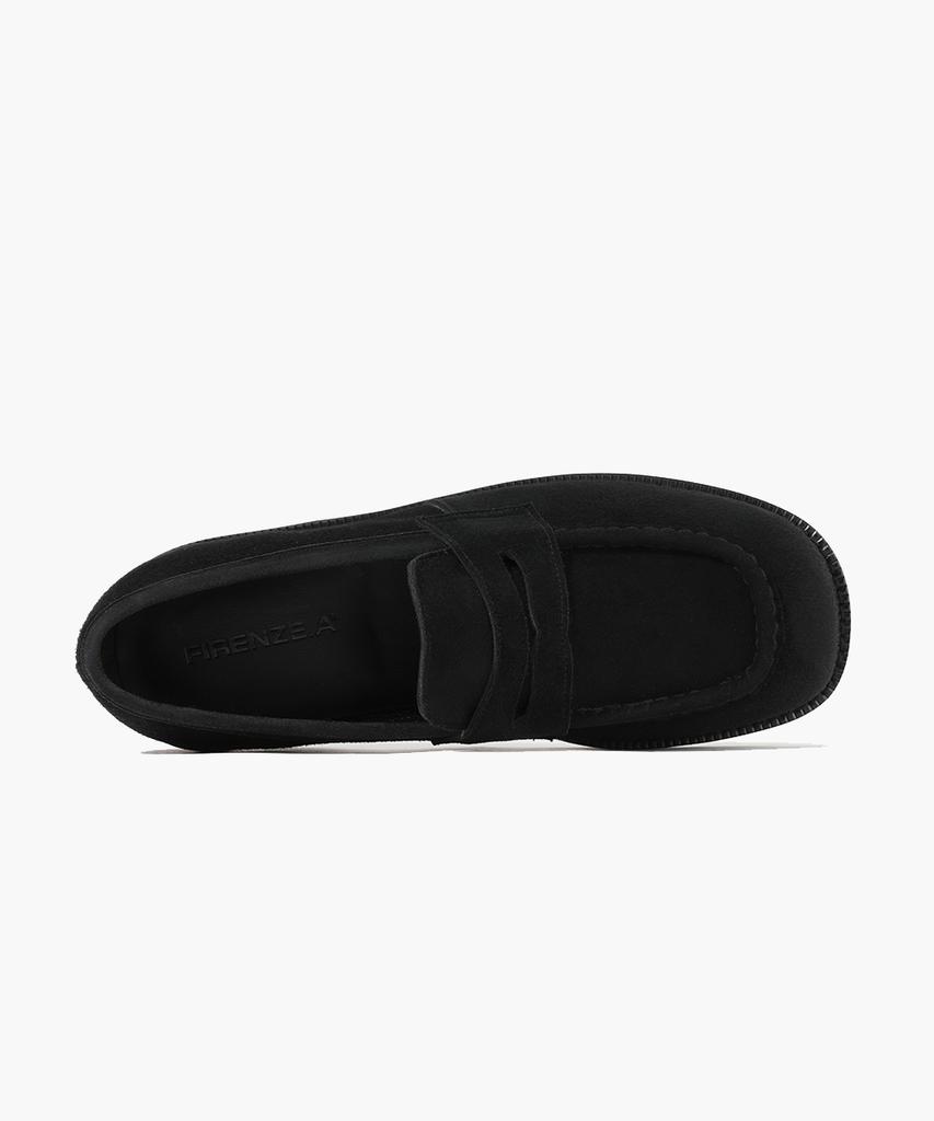 Firenze Atelier Curveline Square Toe Suede Penny Loafers 4060-Qs [Black]