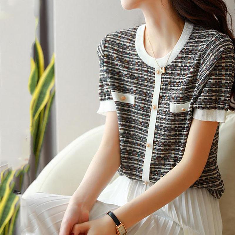 Элегантные Модные Трикотажные Топы с Коротким Рукавом и Круглым Вырезом, Универсальные Летние Пуловеры на Пуговицах для Повседневной Носки, Женская Одежда