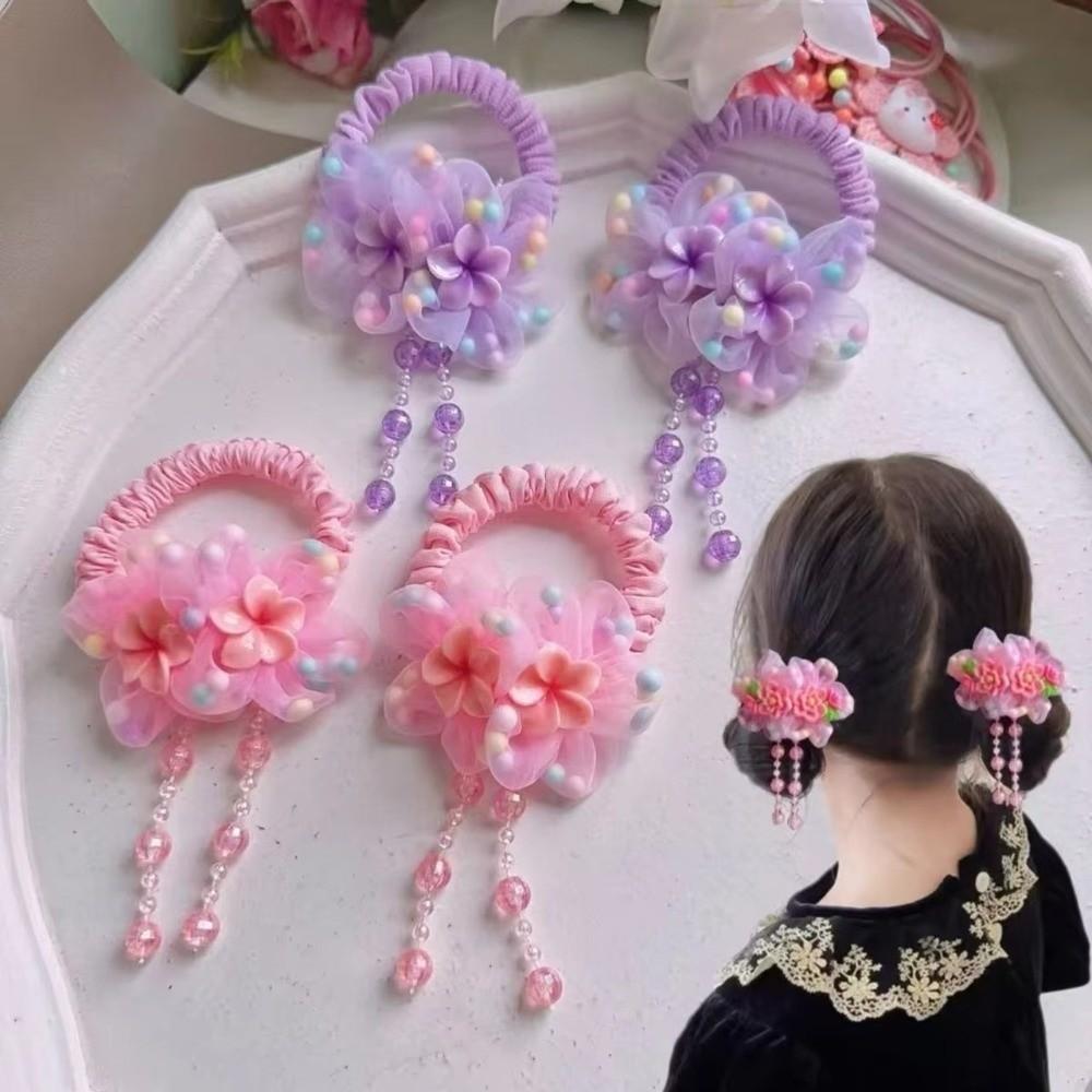 Flower Shaped Hair Ropes Pink Purple Elastic Rubber Bands Sweet Bead Pendant Tassel For Girls