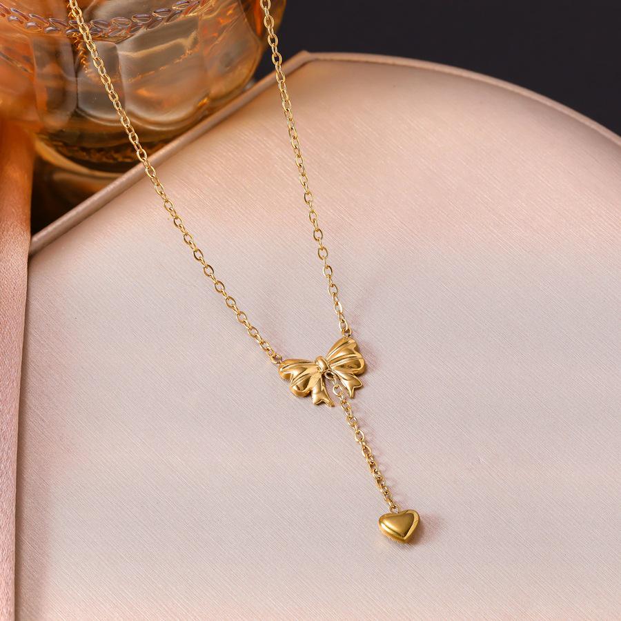 European & American Fashion Titanium Steel Princess Bow Heart Tassel Necklace - Light Luxury Sweet Style