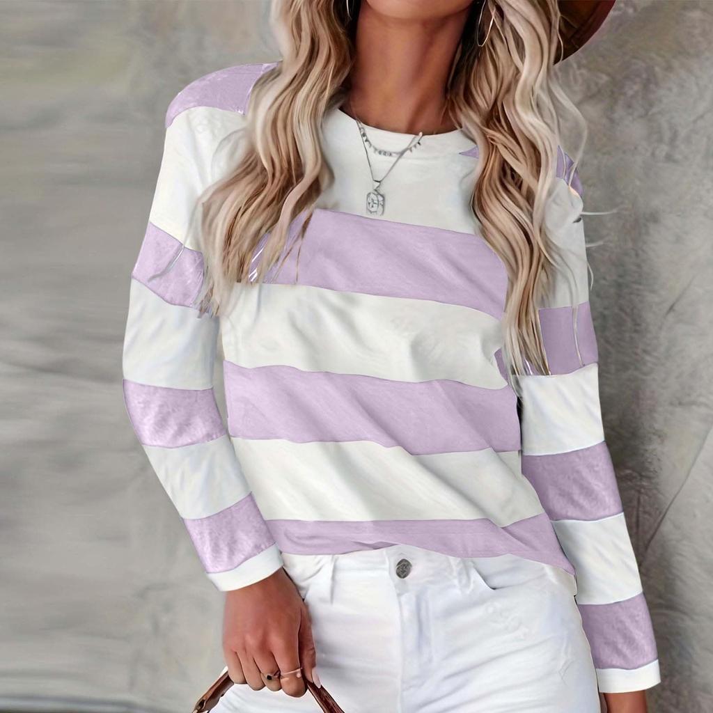 Женская модная повседневная полосатая футболка с круглым вырезом и длинным рукавом