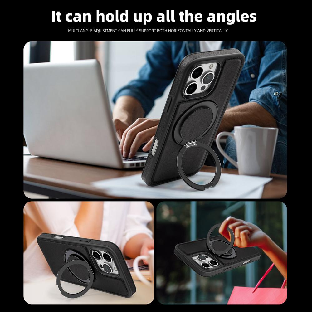 KEYSION Роскошный чехол из искусственной кожи MagSafe для iPhone 16 Pro Max 15 Pro с вращающимся на 360 ° магнитным кольцом-подставкой, противоударный чехол для телефона