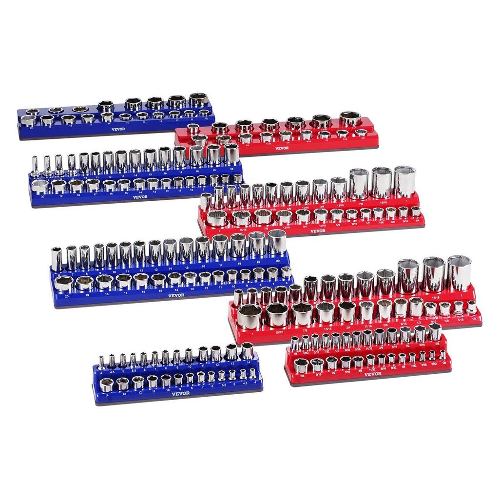 Magnetic Socket Organizer Set 8PCS Socket Trays Blue & Red for Metric SAE