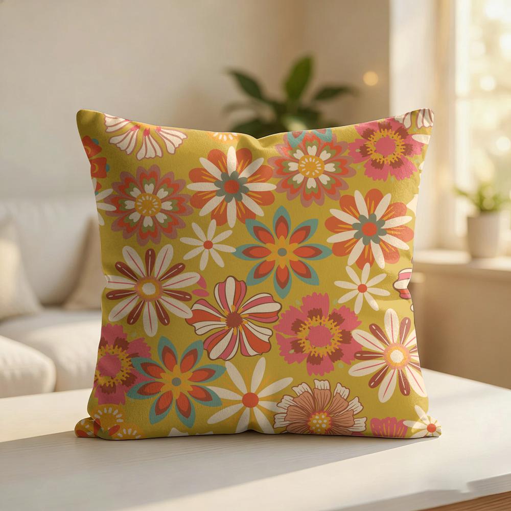 Floral Hippie Pattern Cushion Cover Silky Short Plush Invisible Zipper Dustproof Sofa Pillow Case For Home Decor