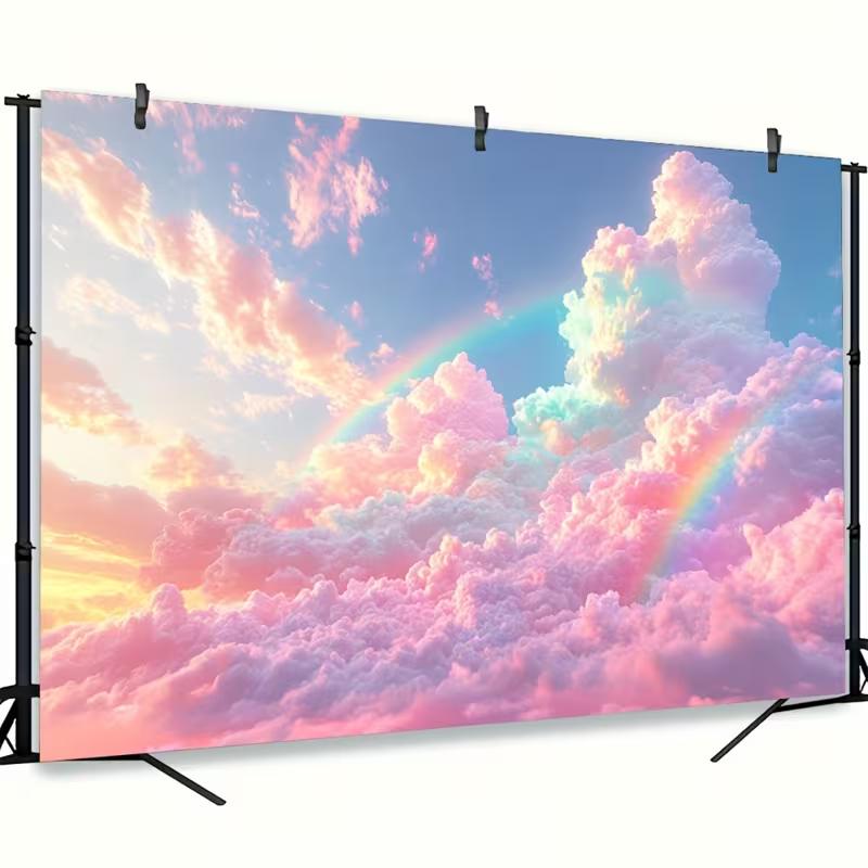 2D Fluffy Pink Cloud Tapestry, Rainbow Pastel Sky Photography Background