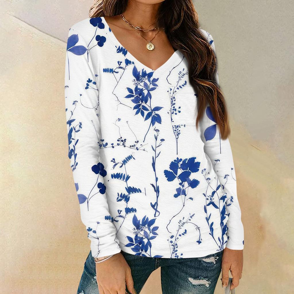 Женская мода повседневная блузка с длинным рукавом и цветочным принтом, V-образным вырезом и карманами