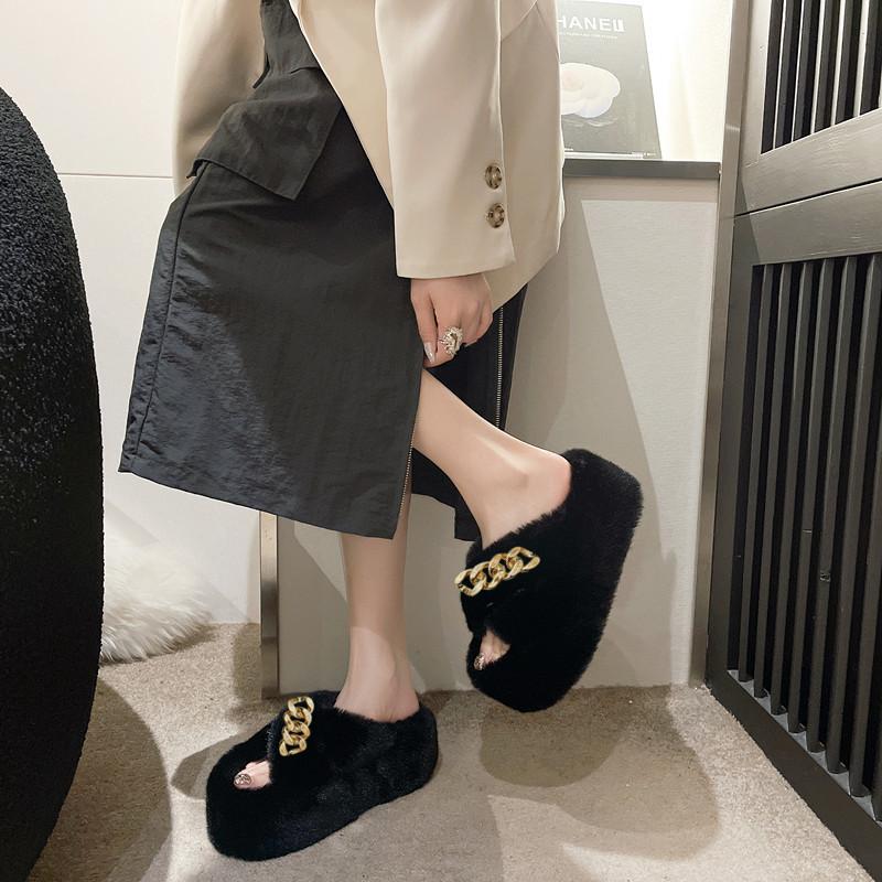 Тапочки Mao Mao женская уличная обувь 2025 новая осень и зима корейская версия толстая подошва увеличение высоты маленькие домашние плюшевые хлопковые тапочки